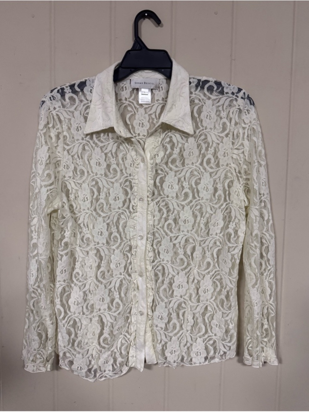 Vintage Cottagecore Lace Blouse Susan Bristol Cream Sheer Button Up Romantic Top